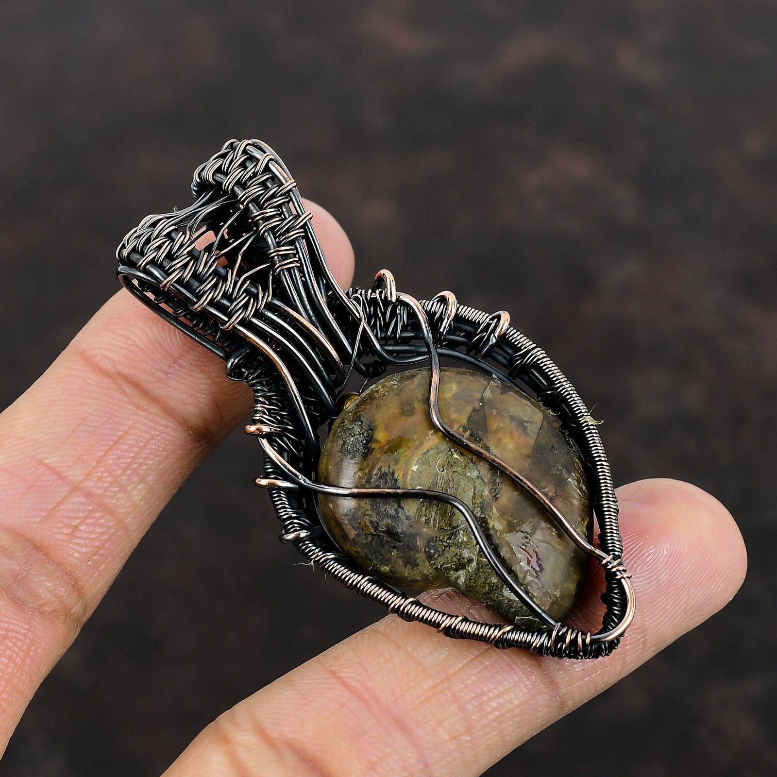 Ammonite Fossil Wire Wrapped Pendant Handcrafted Copper Gift 2.64″
