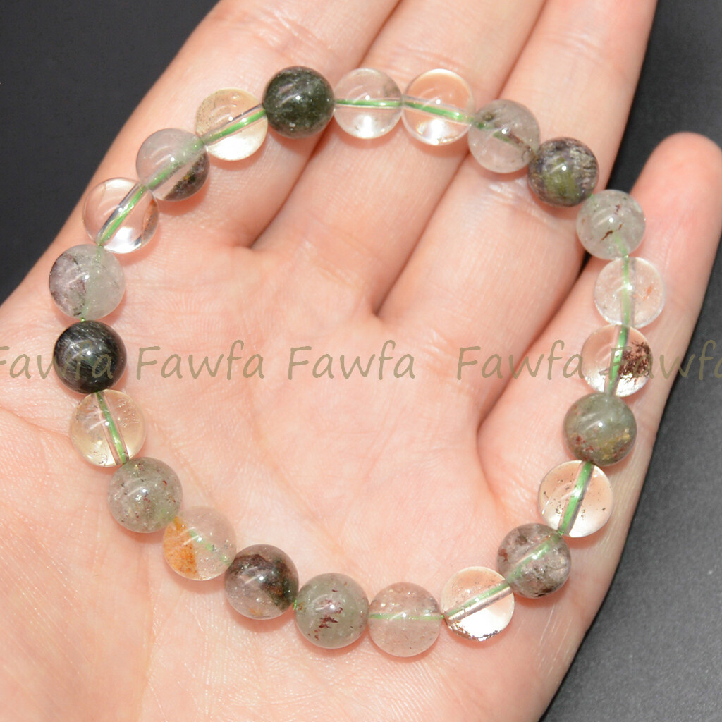 6 Pcs 8mm Green Phantom Ghost Quartz Crystal Round Gems Beads Elastic Bracelet