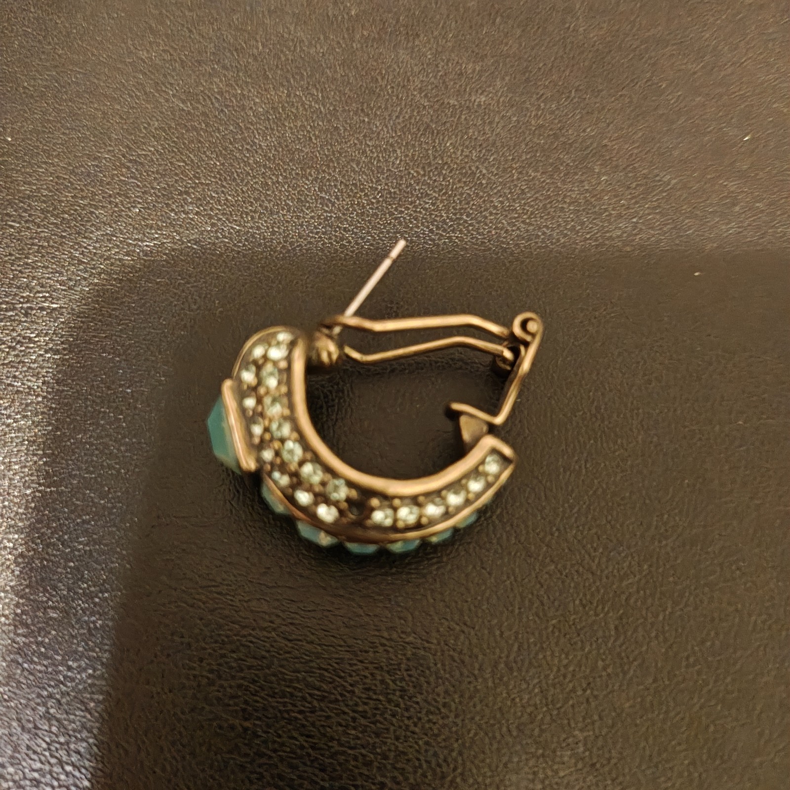 Heidi Daus Signed Bronze Art Deco Hoop Earrings Faux Turquoise Crystal Pair
