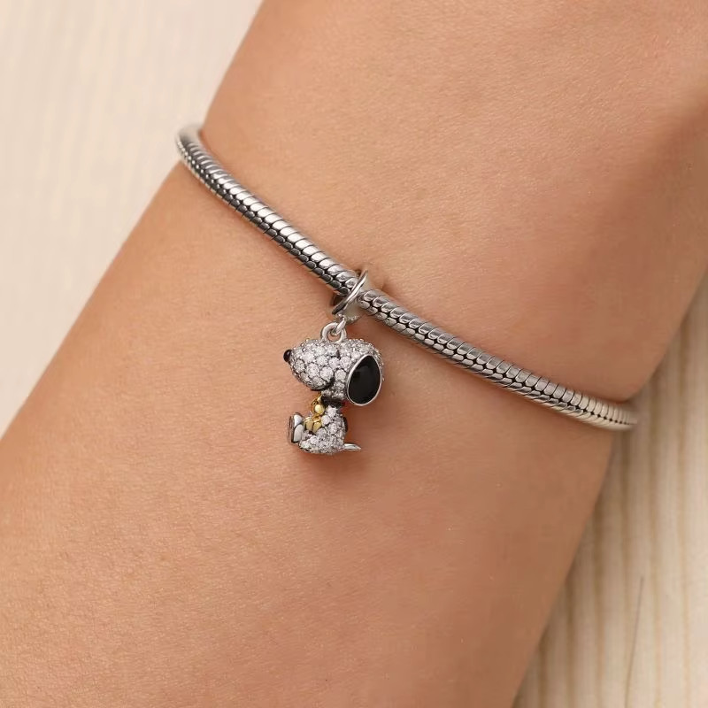 CZ SNOOPY DOG GOLD WOODSTOCK STERLING SILVER CHARM BRACELET DANGLE BEAD & POUCH