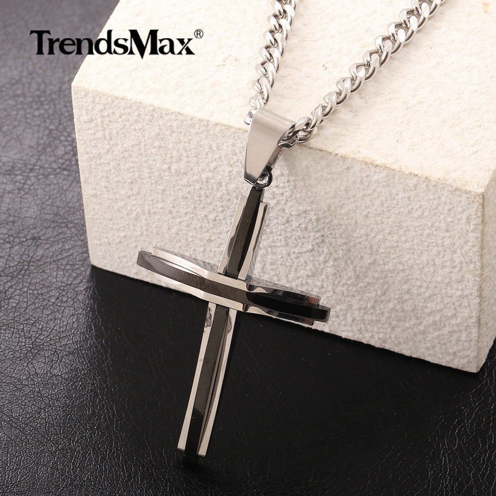 Mens Silver+Black Stainless Steel Cross Pendant Necklace 18-30″ Cuban Curb Chain