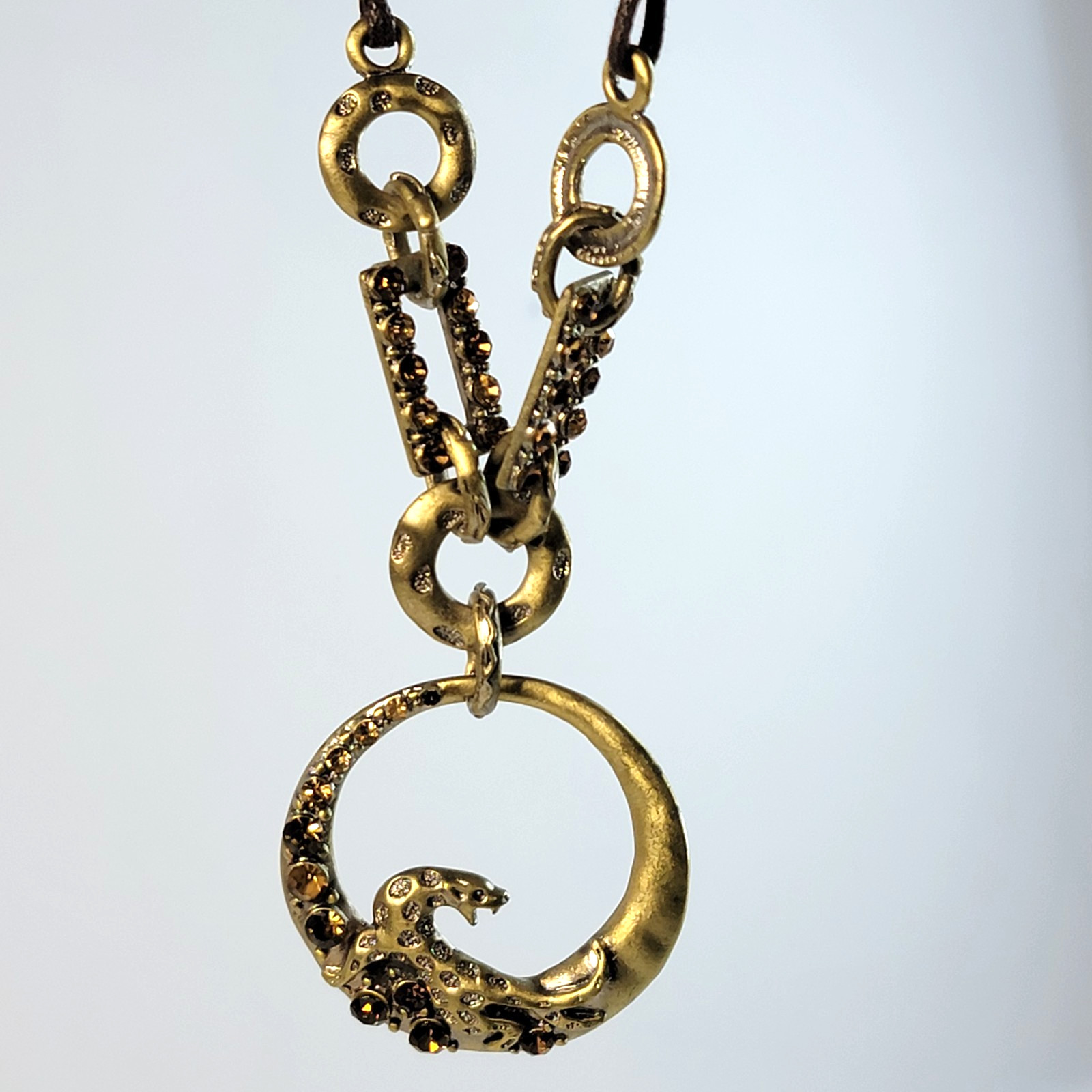 Vintage Bronze Tone Leopard Figure Statement Pendant Necklace Brown Leather Cord