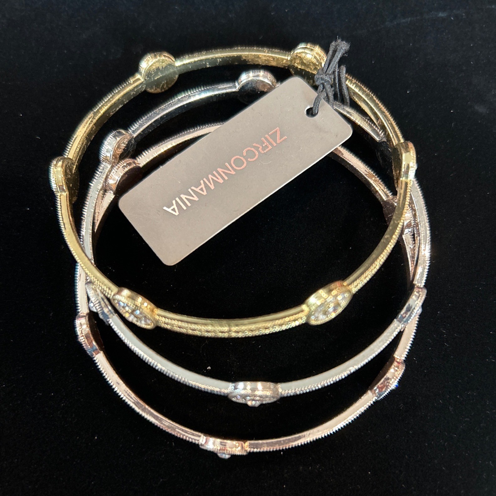 Zirconite Set of Three Fashion Bangle Bracelets New Rose Gold Silver Tone New