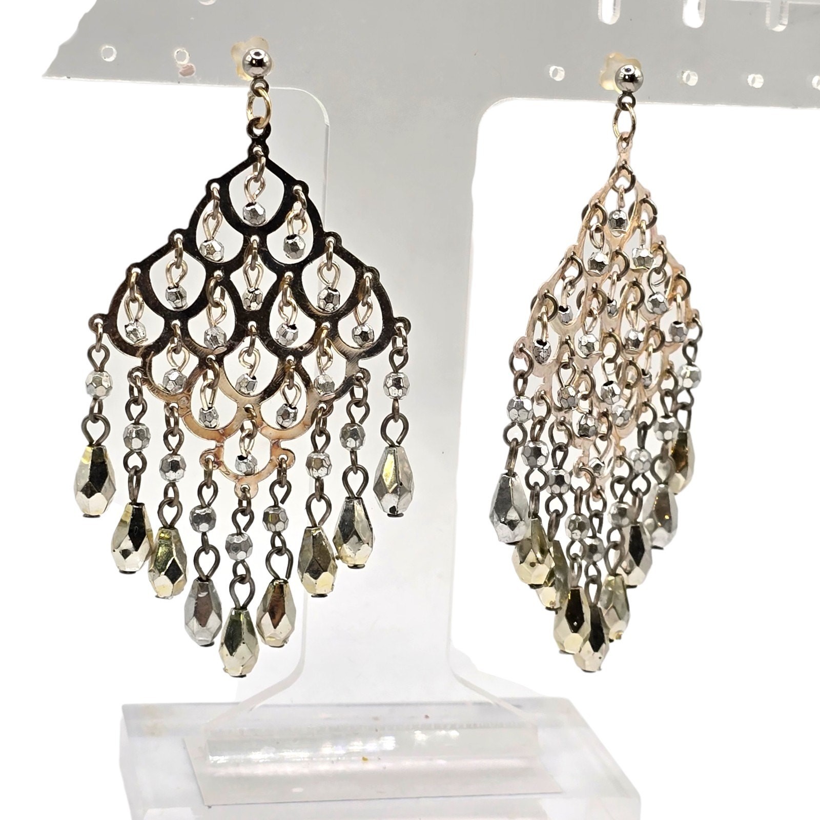 Earrings Chandelier Style Gray Beads Silver Tone Fashion Statement SKU 3103