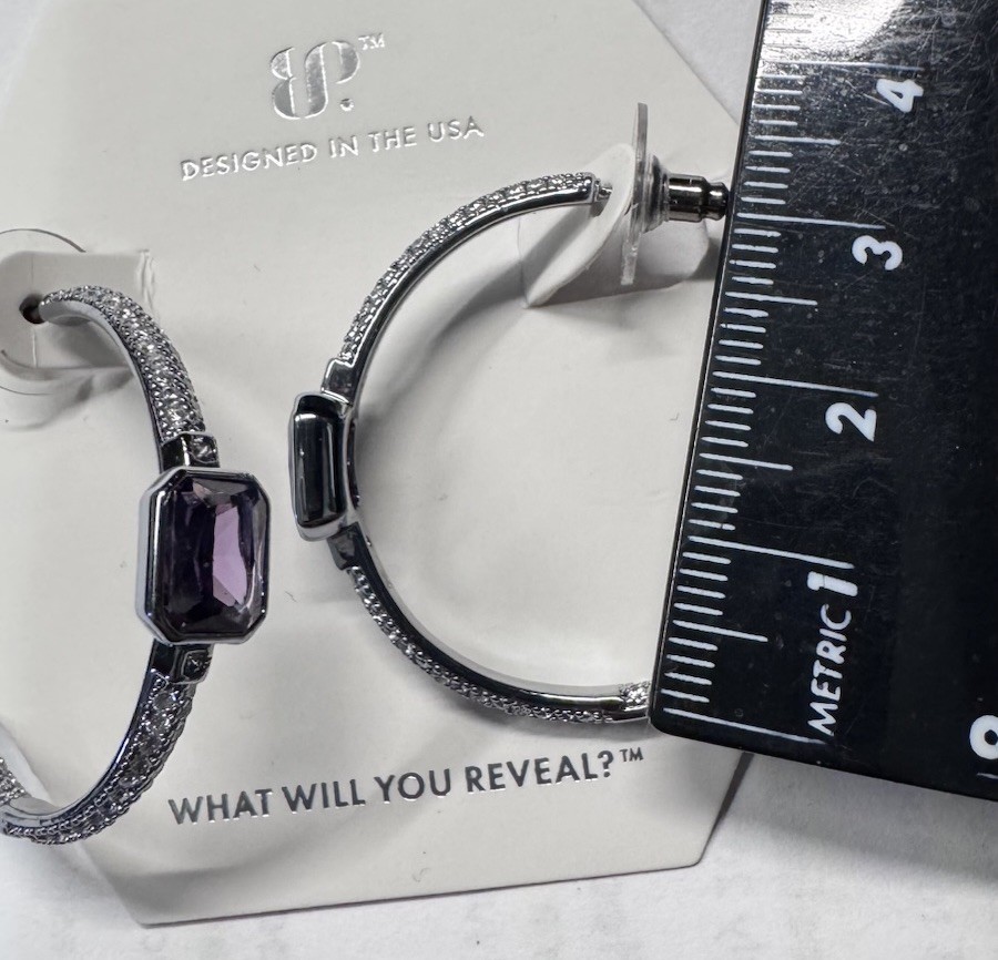 BP Bomb Party The Edge of Sparkle Hematite Plated Amethyst CZ Hoop Earrings Feb
