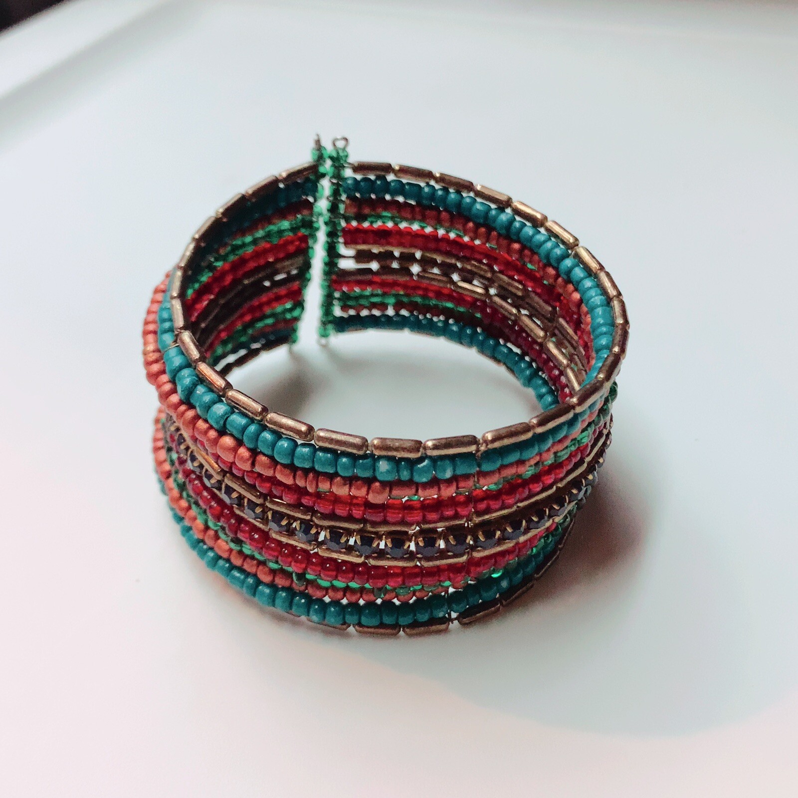Blue Pink Gold Beaded Cuff Fashion Bracelet
