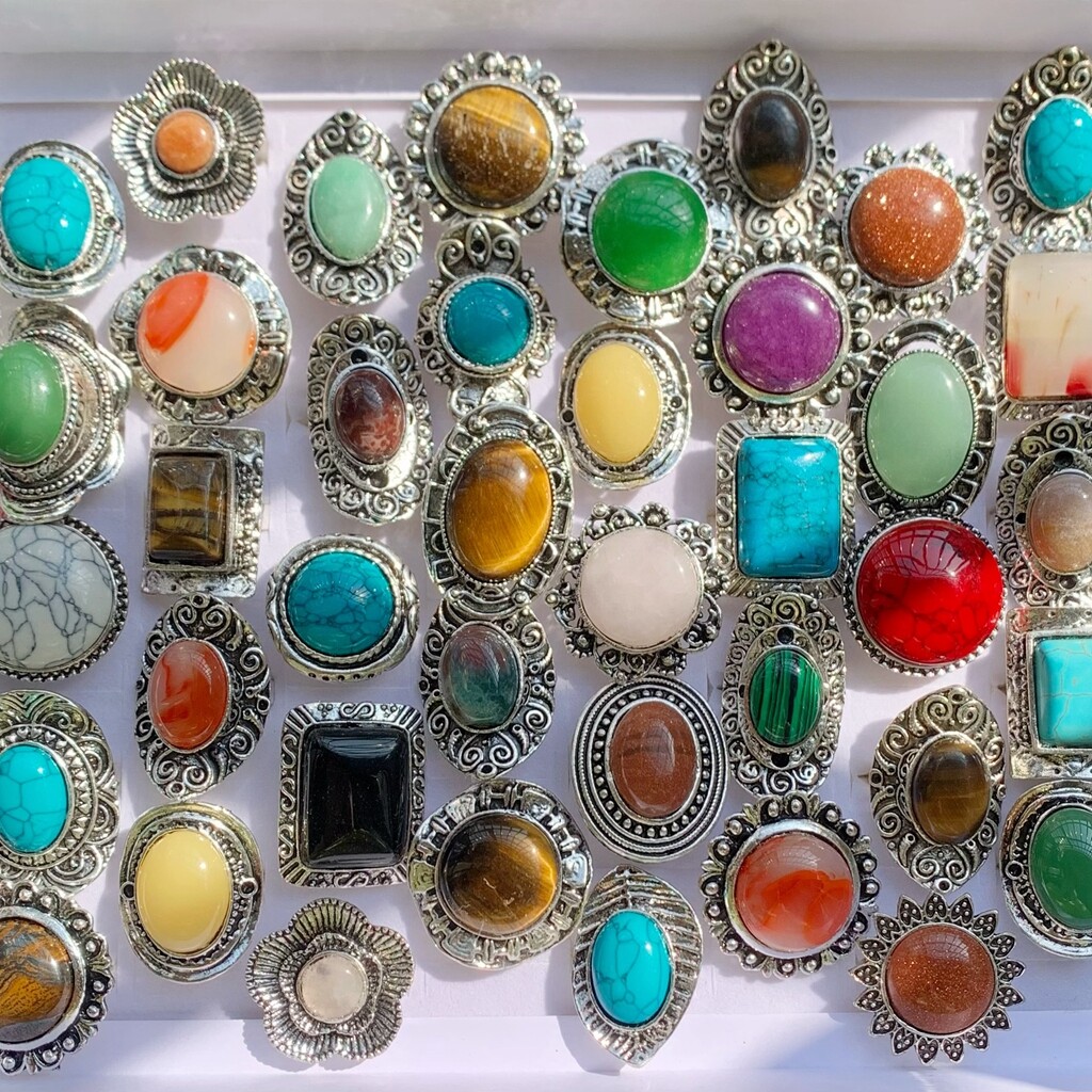 Wholesale 12pcs Big Natural Stone Vintage Rings Women Mix Antique Silver Jewelry