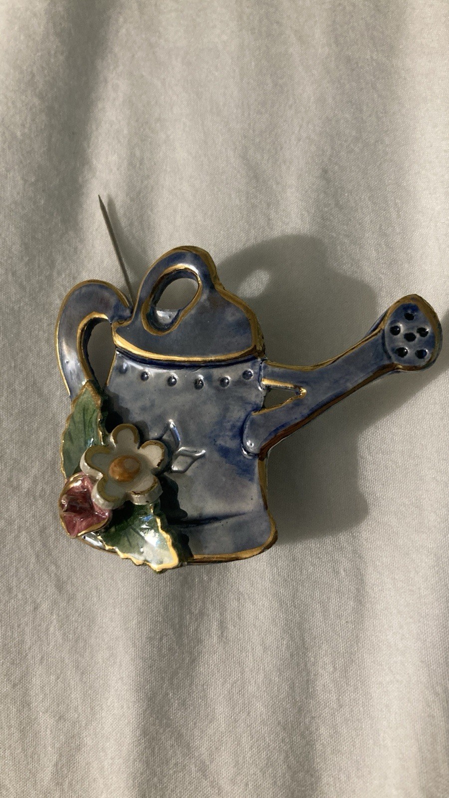 Watering Can Brooch or Pin Blue With Colorful Enamel Flowers