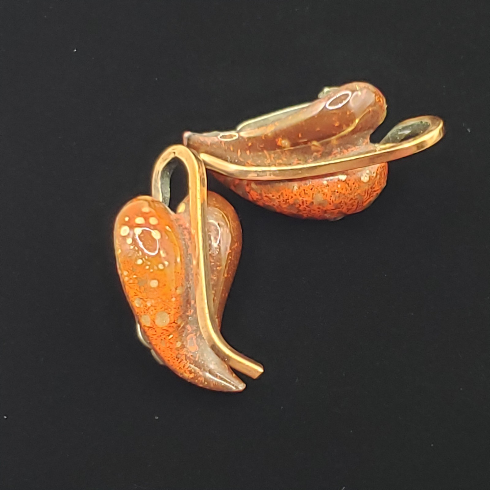 Earrings Clip On Signed Matisse Renoir Copper Enamel Leaf Mid Century Modern