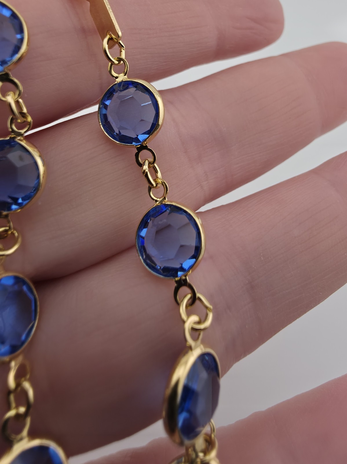 Vintage Swarovski Bezel Set Blue Stone Goldtone Bracelet Swan Mark 7.5″ Extender