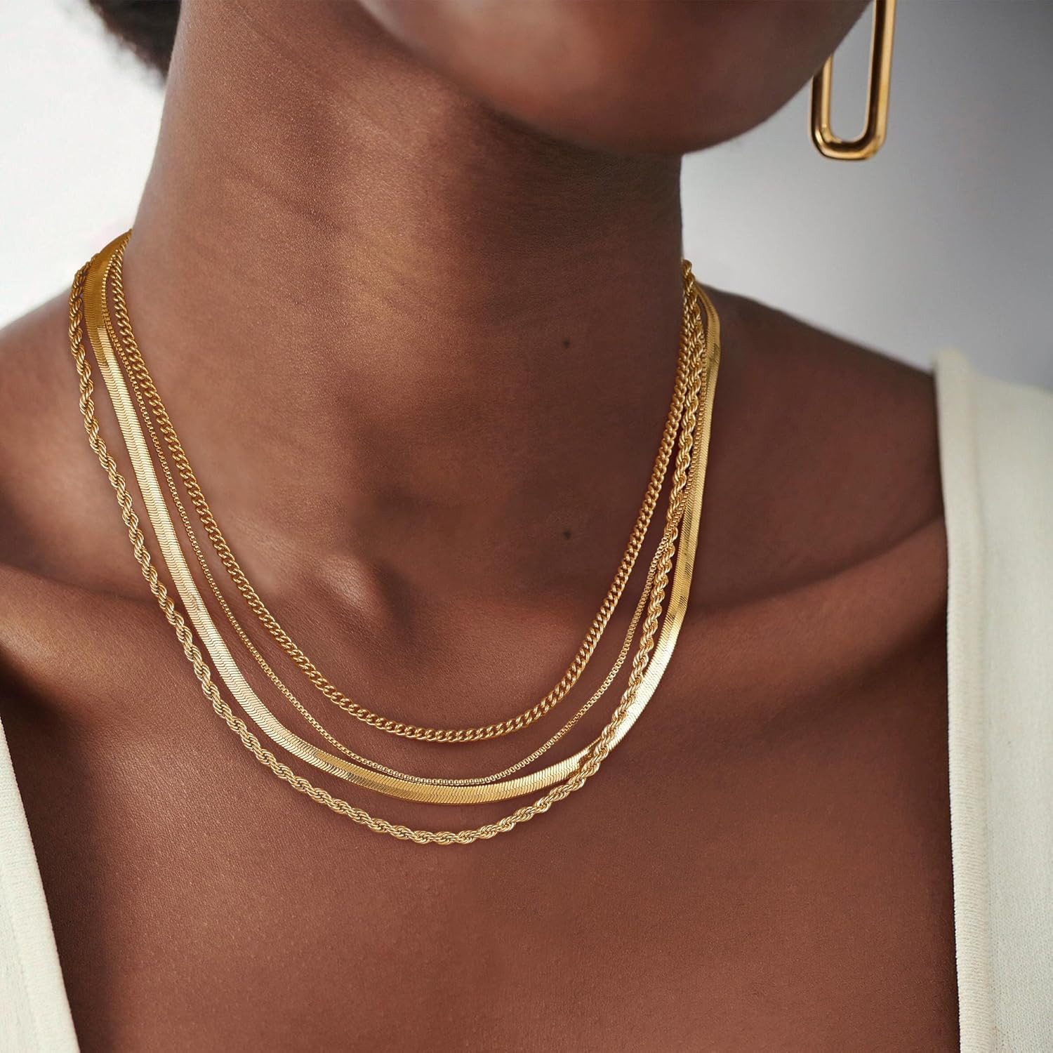Layered Necklaces for Women Non Tarnish- Chunky 14K Gold Plated Herringbone/Snak