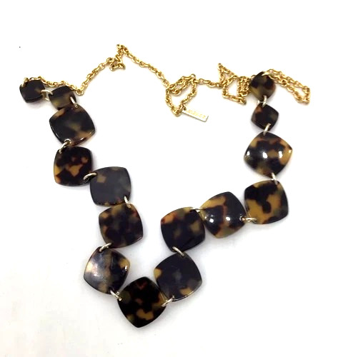 Jaeger Tortoiseshell Large Link Long Gold-tone Necklace brown gold signed vgc