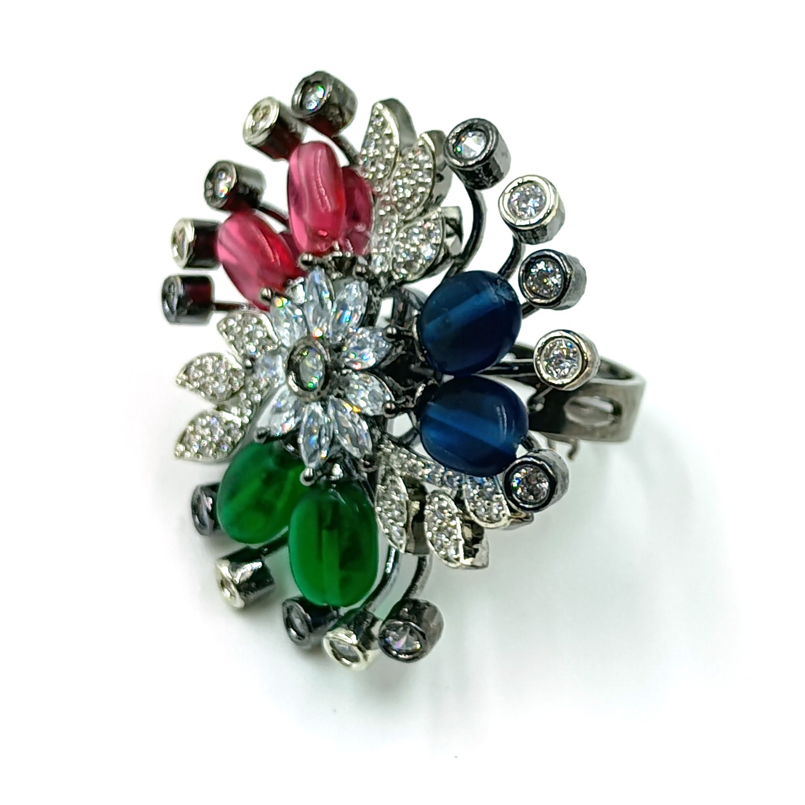 Handmade Multi Stone Ring Adjustable Cubic Zirconia Black Rhodium Plated Boho