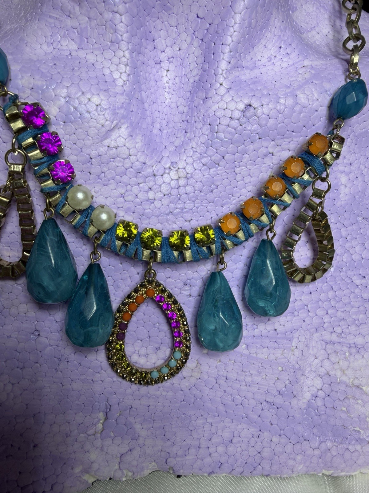 Colorful Statement Bib Necklace Blue Teardrop Rhinestone Boho Festival #07