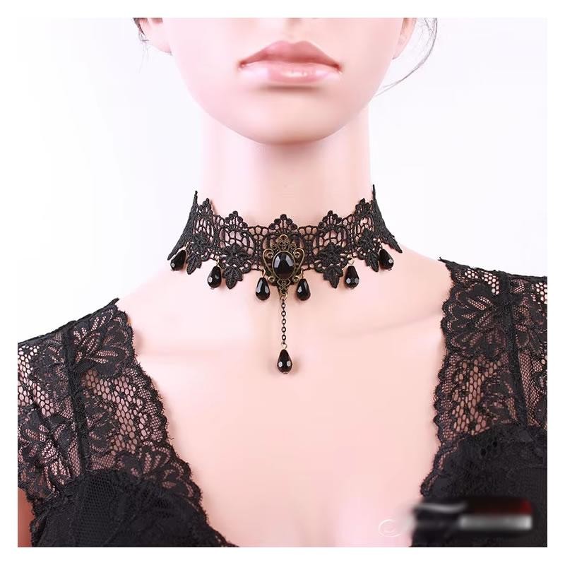 Trendy Gothic Lace Choker Necklace Red Rhinestone Tassel Punk Fashion Pendant