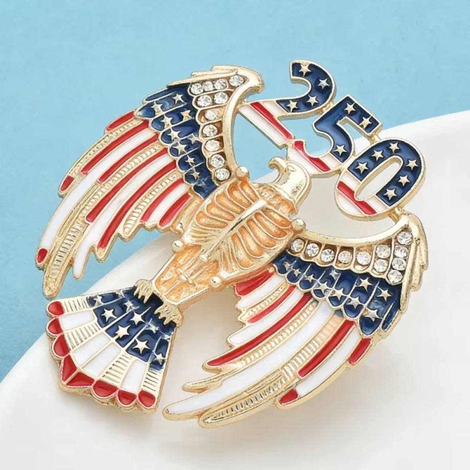 USA Eagle 250 Enamel Brooch Rhinestone Patriotic Flag Gold Tone Pin Gift