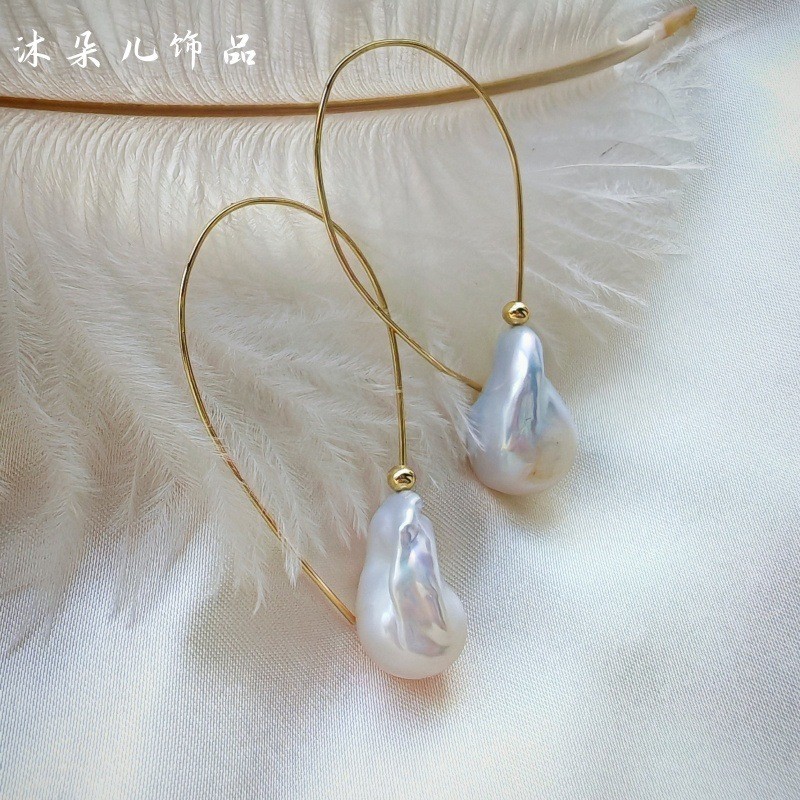 Handmade Baroque Pearl Wire Hoop Drop Earrings Daily Elegant Women Jewelry
