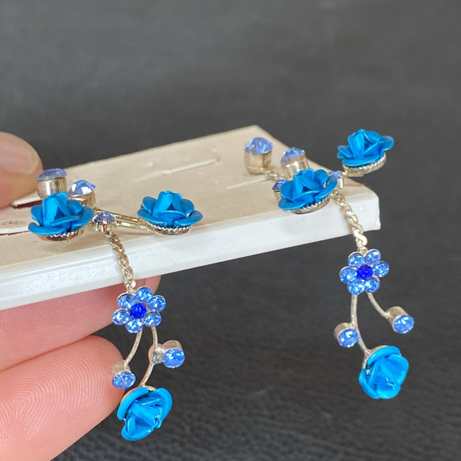 Faceted Blue Rhinestone Retro Aluminum Rose Dangle Silvertone Flower Earrings