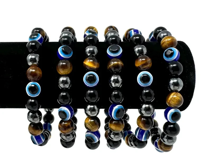 Evil Eye Triple Protection Bracelet – Gold Tiger Eye, Black Obsidian, & Hematite