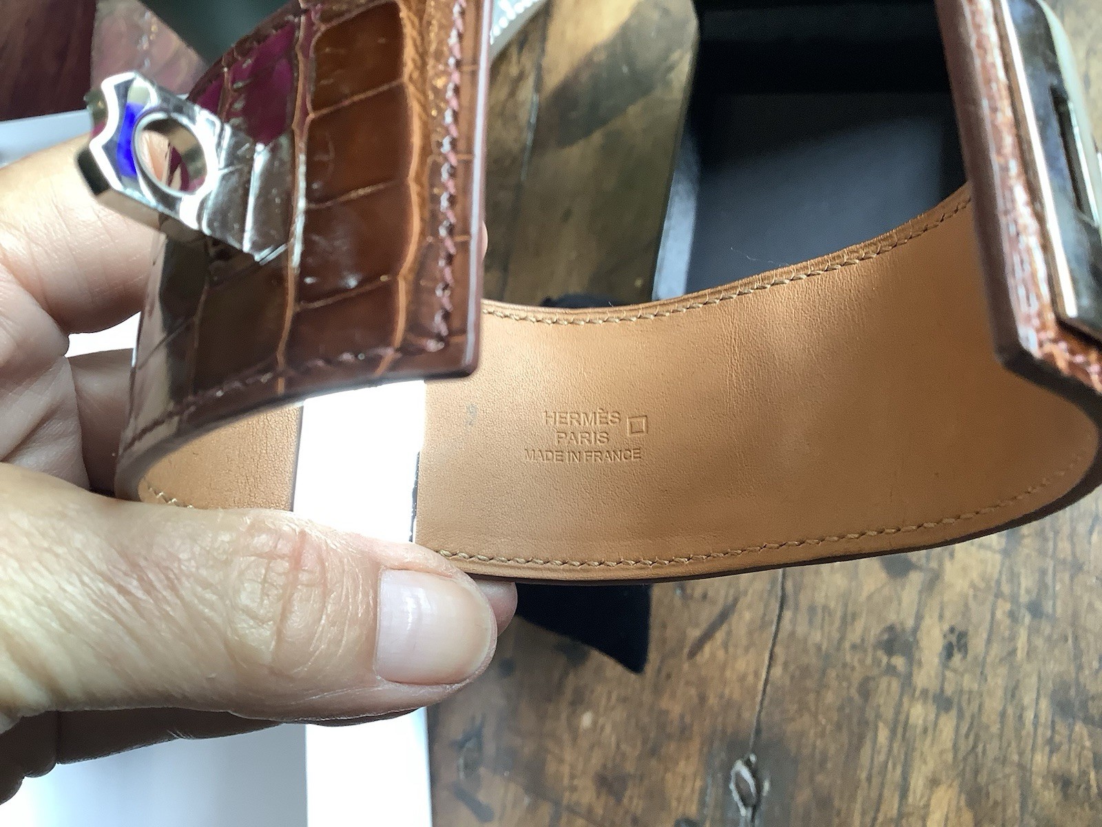 Hermes Silver Brown Leather Alligator Collier De Chien Adjustable Bracelet