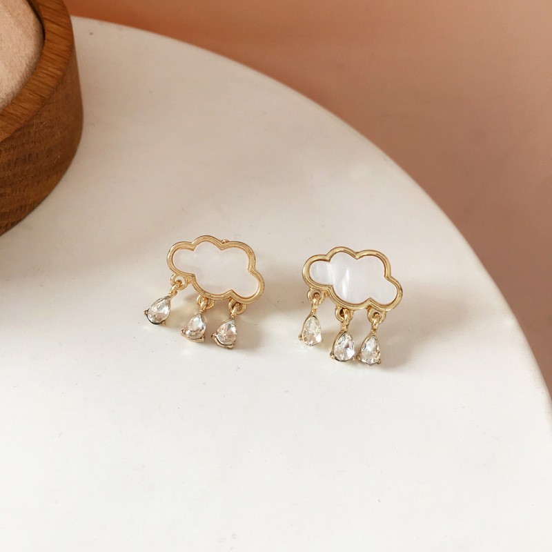 Pretty White Cloud Triple Raindrop CZ Hanging Gold Plated Stud Earrings