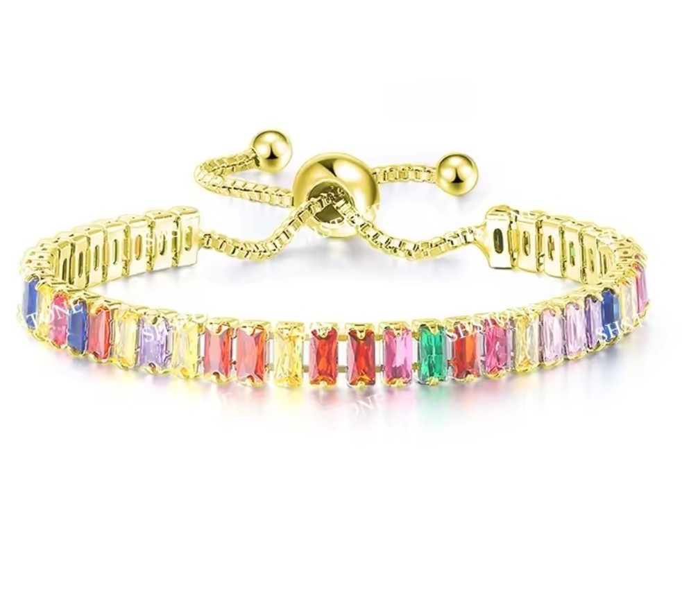 Gold Tone Crystal Bracelet – Multi-Color Tennis Bracelet – Fashion Jewely