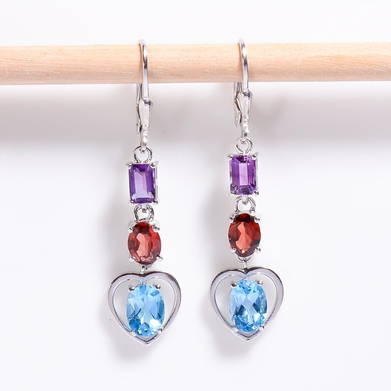 Blue Topaz Heart Earrings 925 Silver, Garnet Amethyst Dangle Earrings December