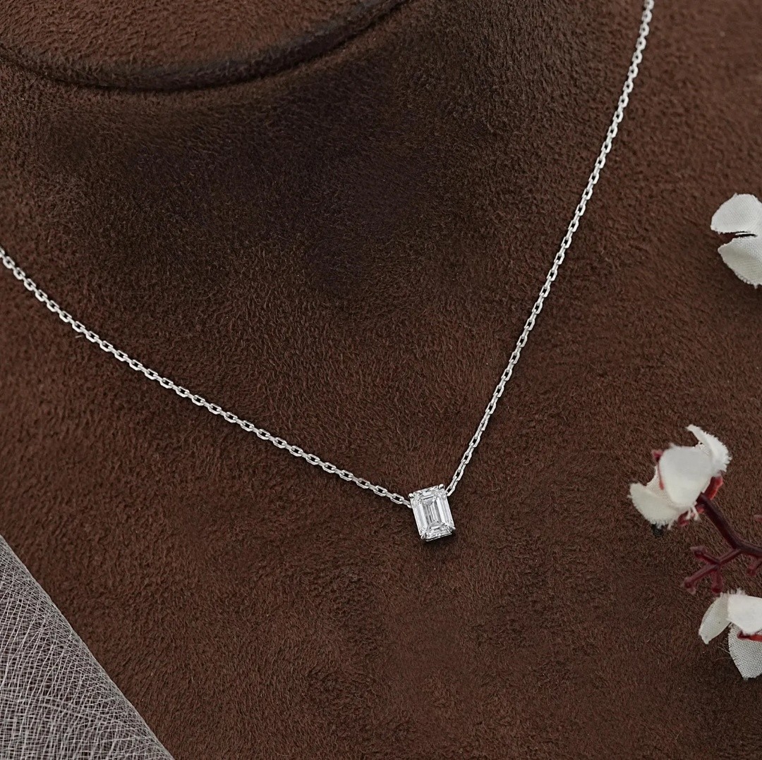Lab Grown Diamond 1.00 Ct Emerald Cut EF VS Solitaire Necklace in 14K White Gold