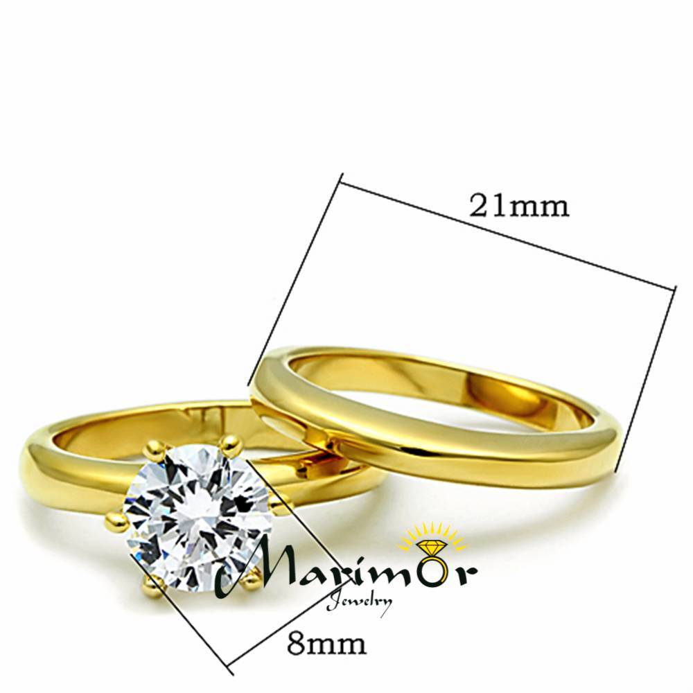Stainless Steel Wedding Ring Set 2.05 Ct Round Cut CZ 14k GP Women’s Size 5-10