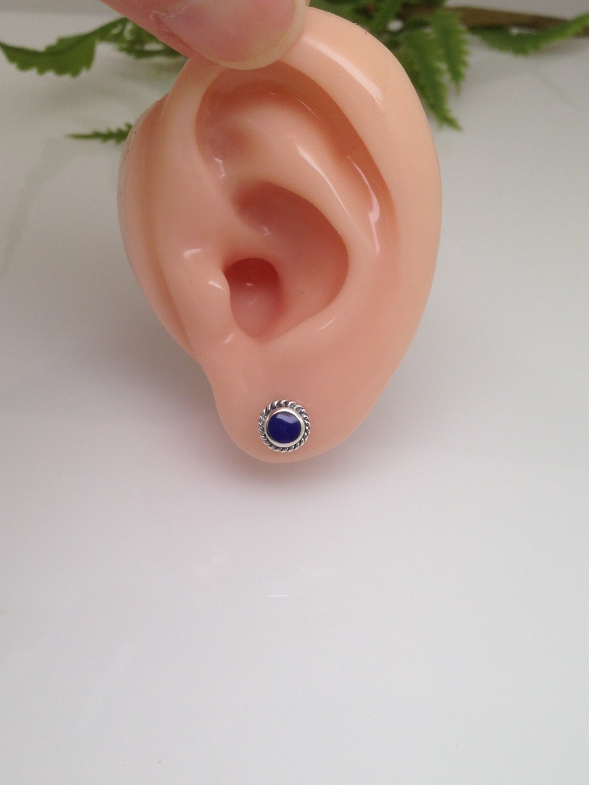 925 Sterling Silver Tiny Round Blue Lapis Stud Earrings Rope Edge 6.5mm(4.5mm)