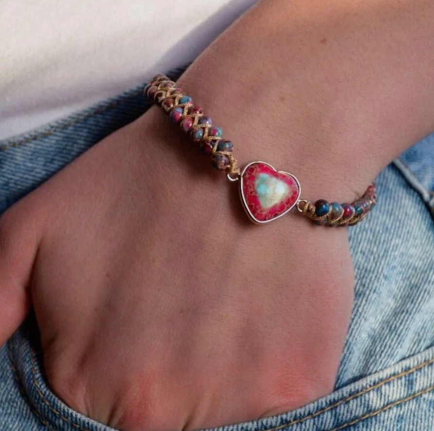 High-Quality Hand Braided Bracelet Women’s Heart Charm Gemstone Healing Jewelry