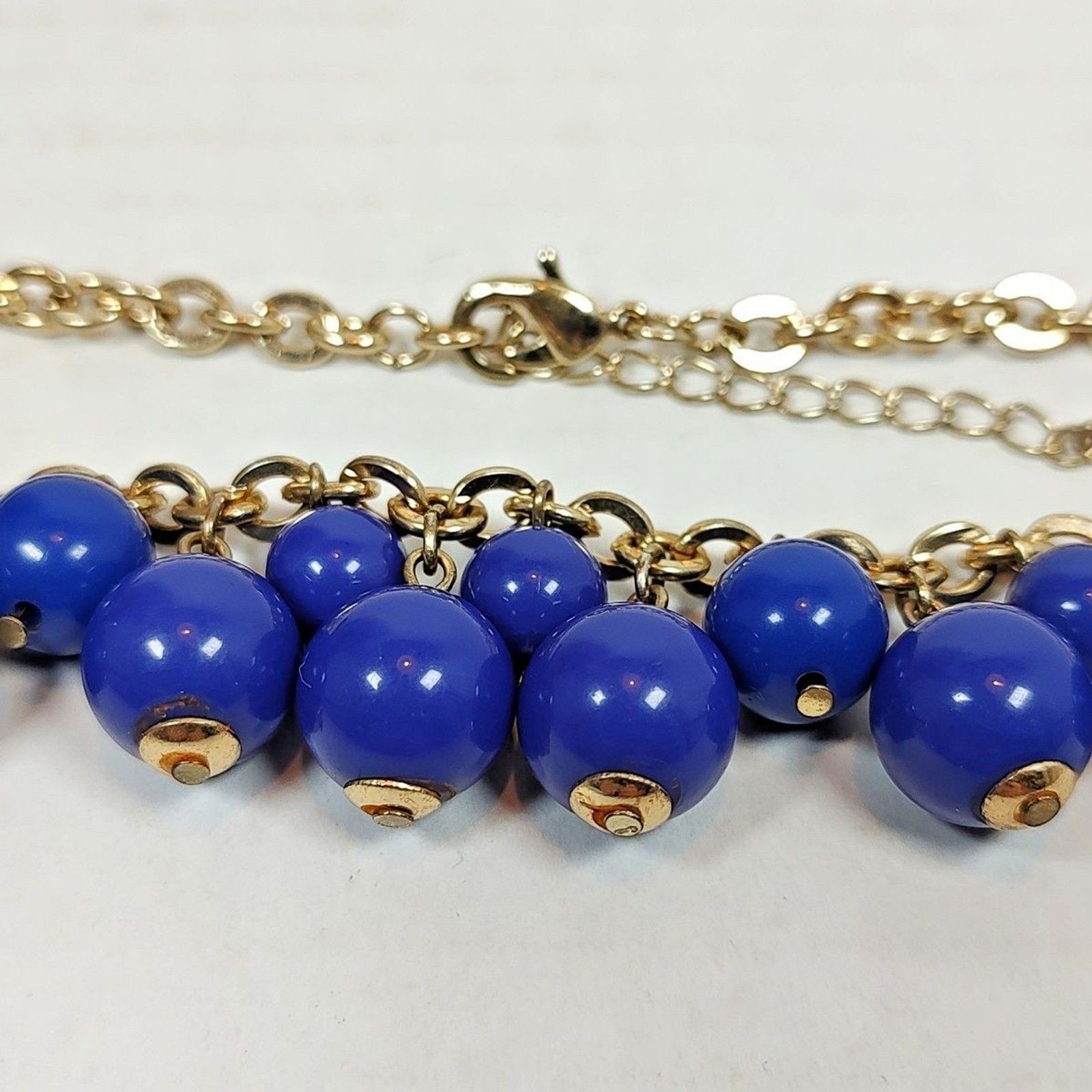 Gold Tone Metal Purplish Blue Beaded Cluster Fashion 18″ x 20.5″ Necklace Bold