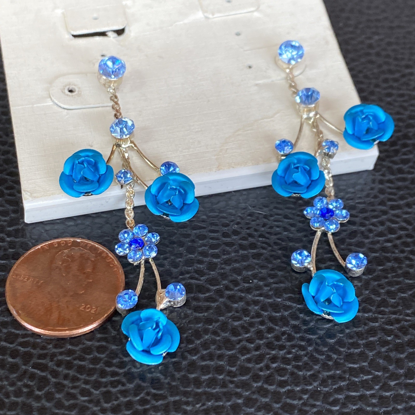 Faceted Blue Rhinestone Retro Aluminum Rose Dangle Silvertone Flower Earrings