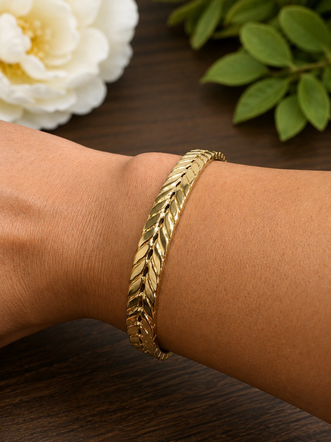 Gold Tone Textured Leaf Pattern Open Cuff Bracelet