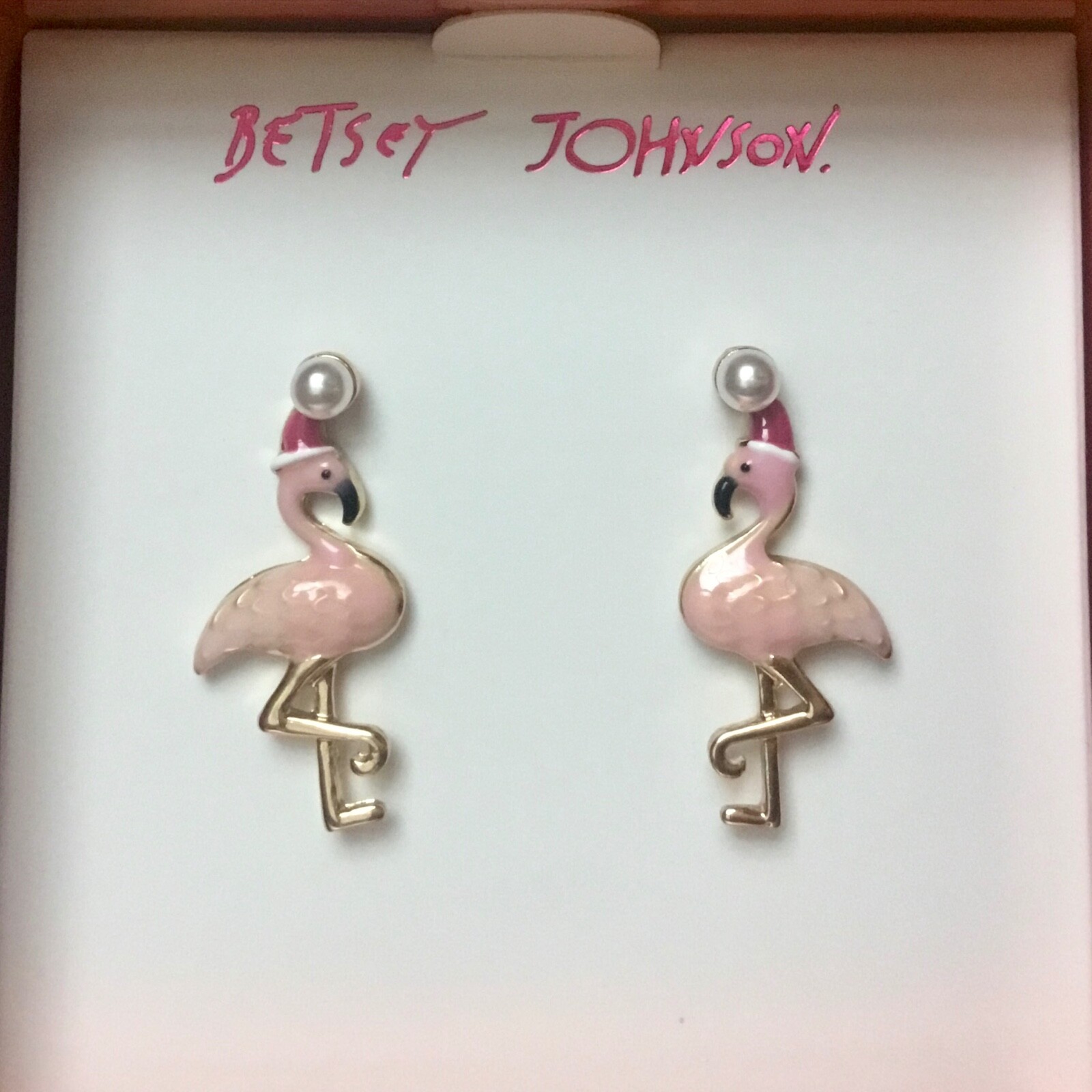 Betsey Johnson Signed Christmas Flamingo in Santa Hat Post Earrings NIB