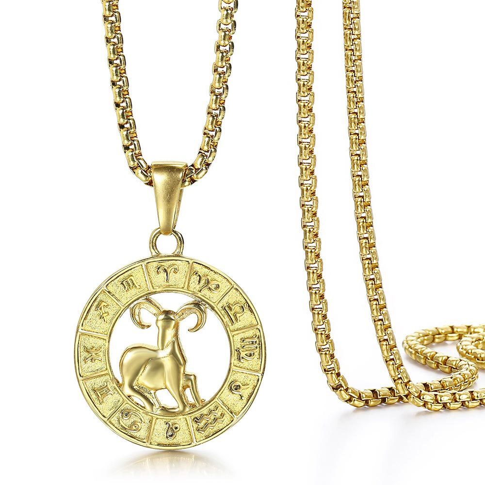 Yellow Gold Plated Stainless Steel 12 Zodiac Sign Pendant Necklace 18-22″ Chain