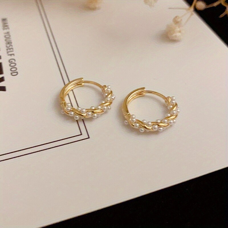 Hoop Imitation Pearl Earrings Alloy Electroplate Twist Design Ladies Earrings