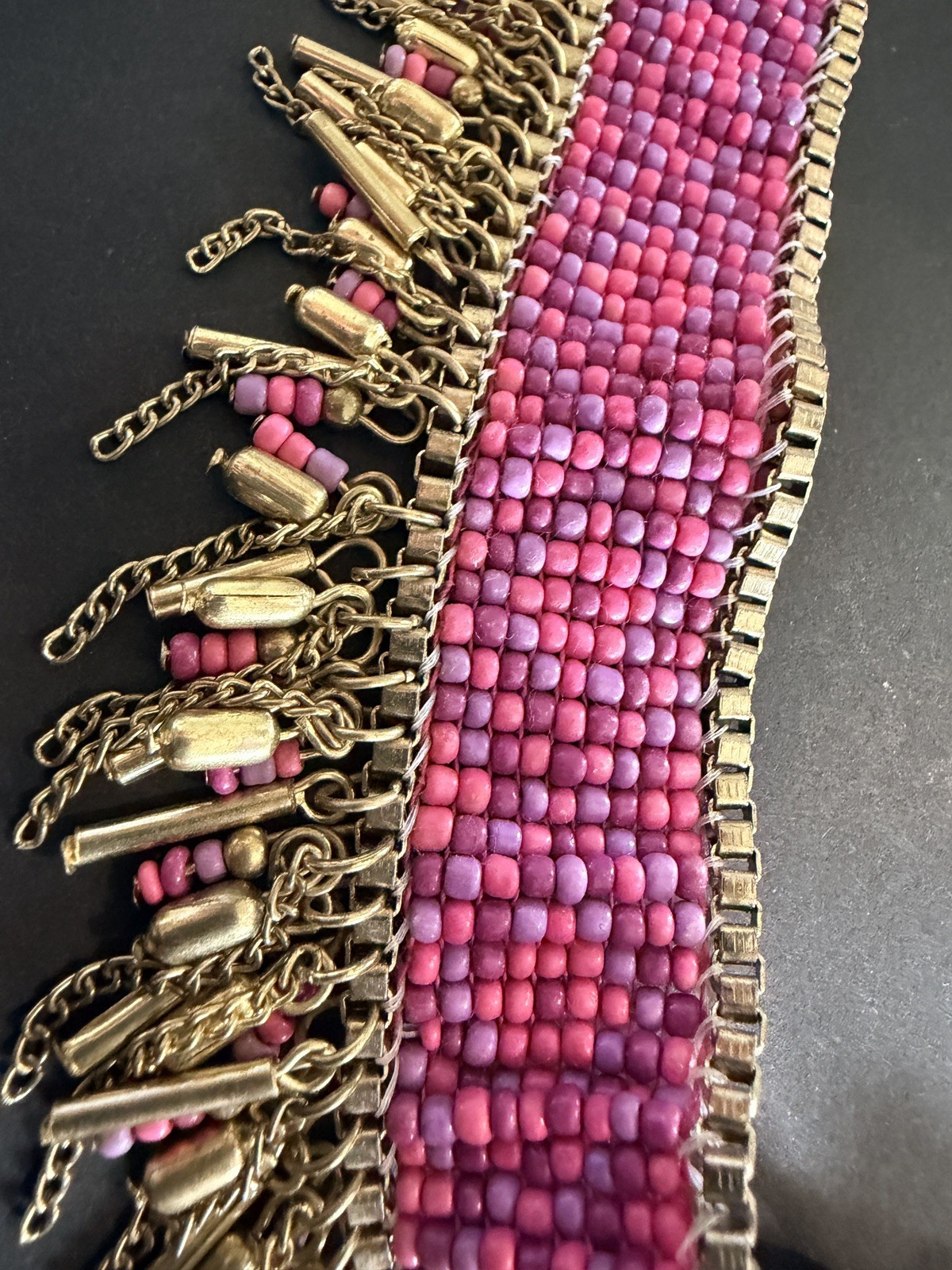 Pink and gold-tone beaded fringe statement necklace, metallic beads, 18 3/4″