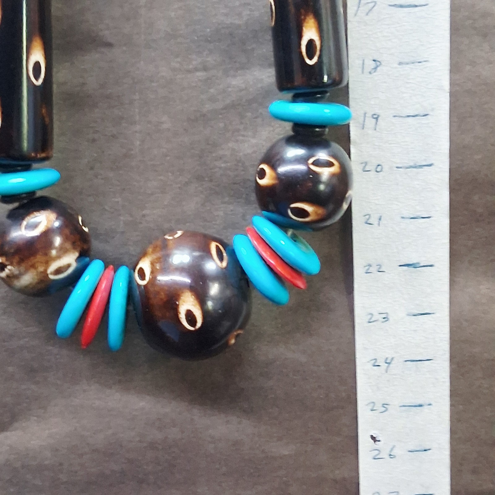 Vintage Channel Set Wood Bead Dotted Design Statement Necklace