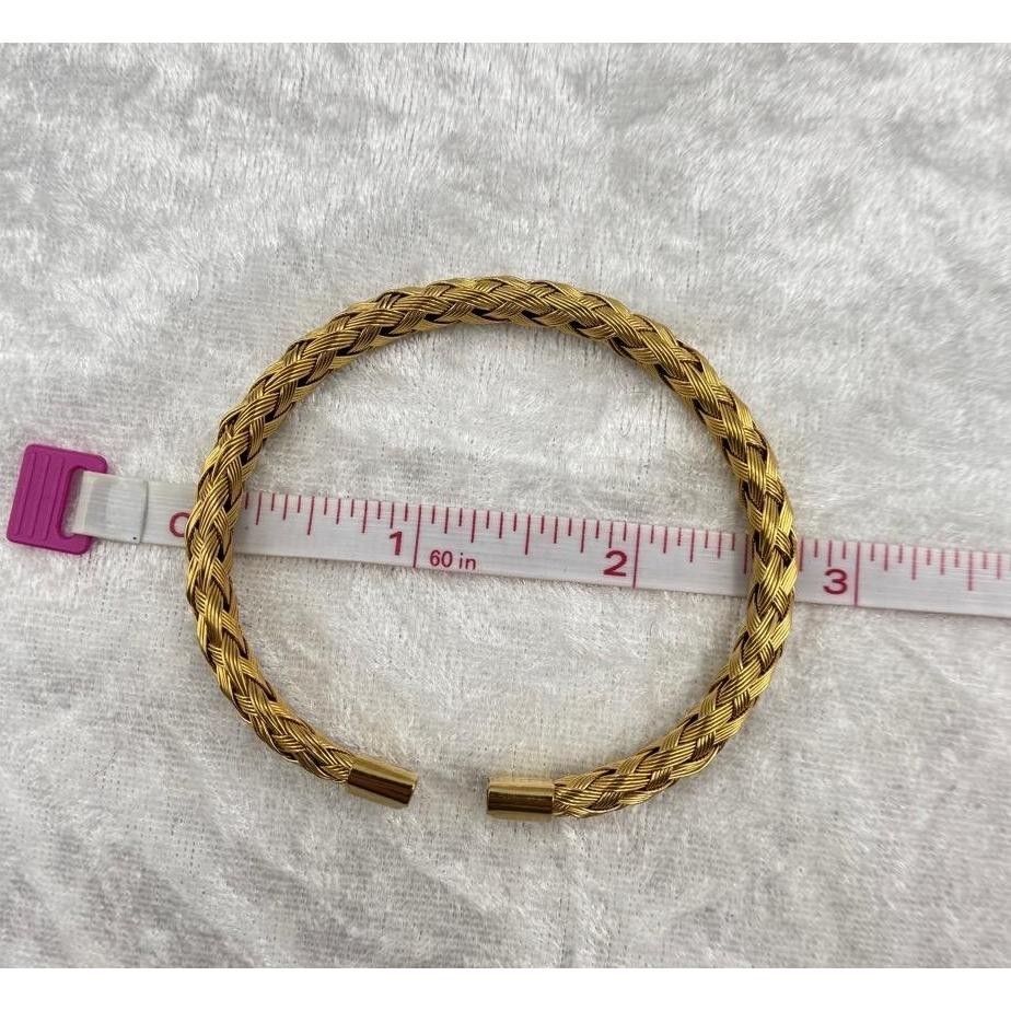 Gold Tone Woven Braided Stackable Bracelet Size 7 Open Cuff Modern Chic