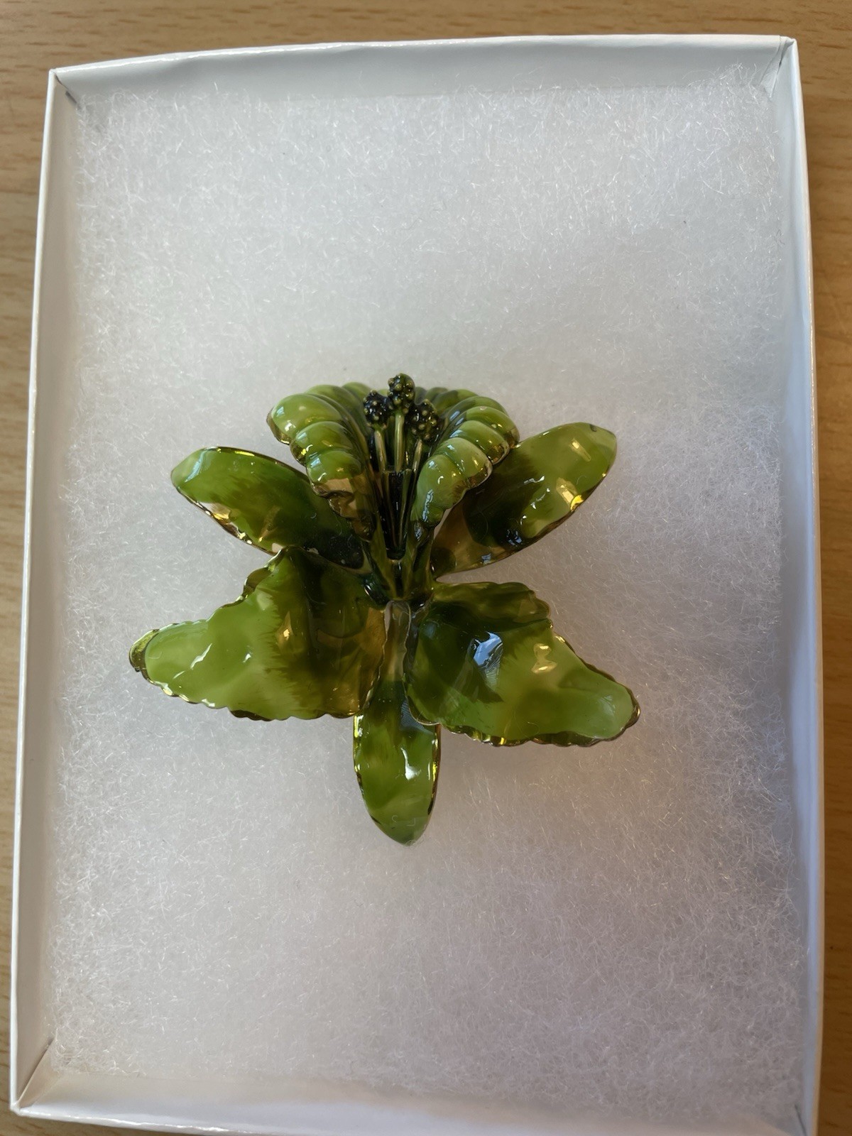 Green Enamel Lily Flower Brooch Gold Rimmed and Gold Tone Metal Pin Closure
