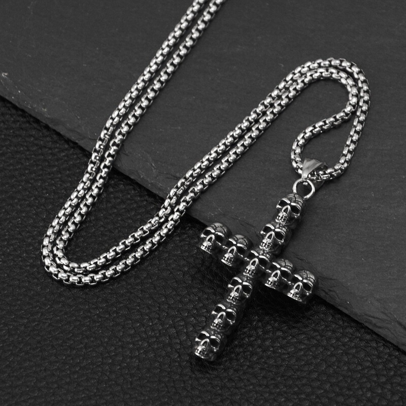 Mens Gothic Retro Skull Skeleton Cross Pendant Punk Biker Necklace Box Chain 24″