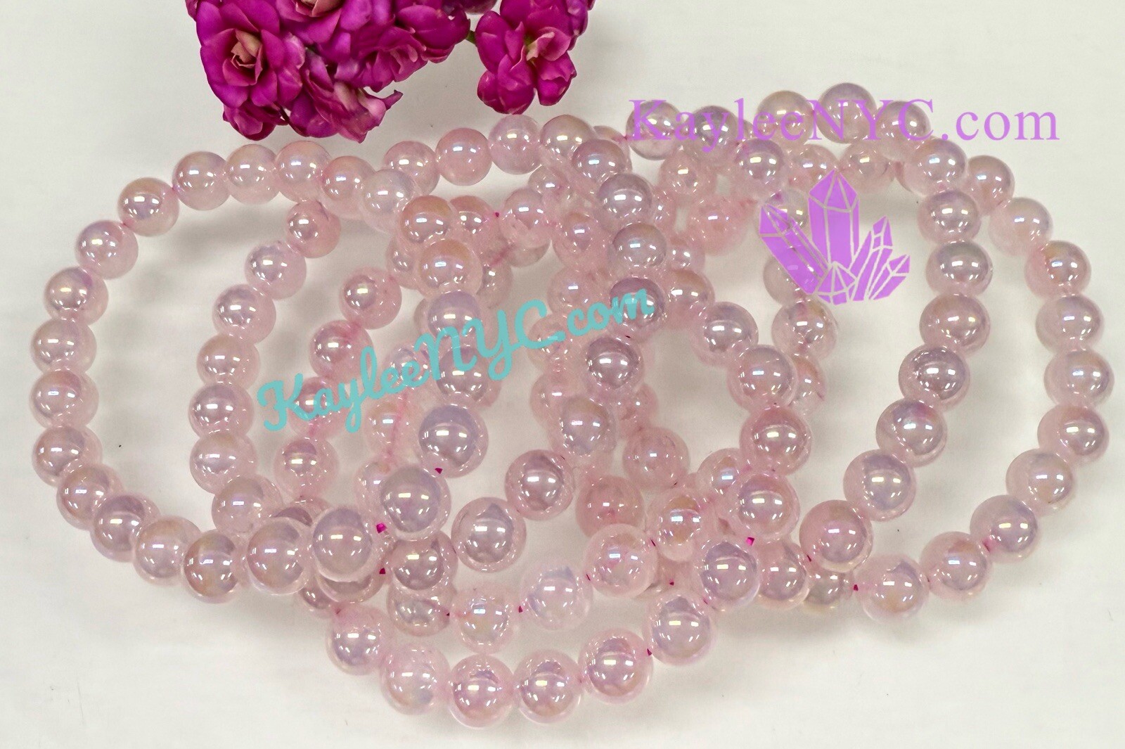 Wholesale 6 Pcs Aura Rose Quartz 8mm 7.5” Crystal Healing Stretch Bracelet