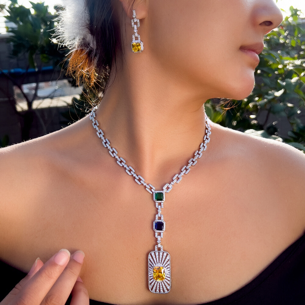 Women Silver Plated Long Chain Drop Necklace Earrings Zirconia Party Jewelry Set