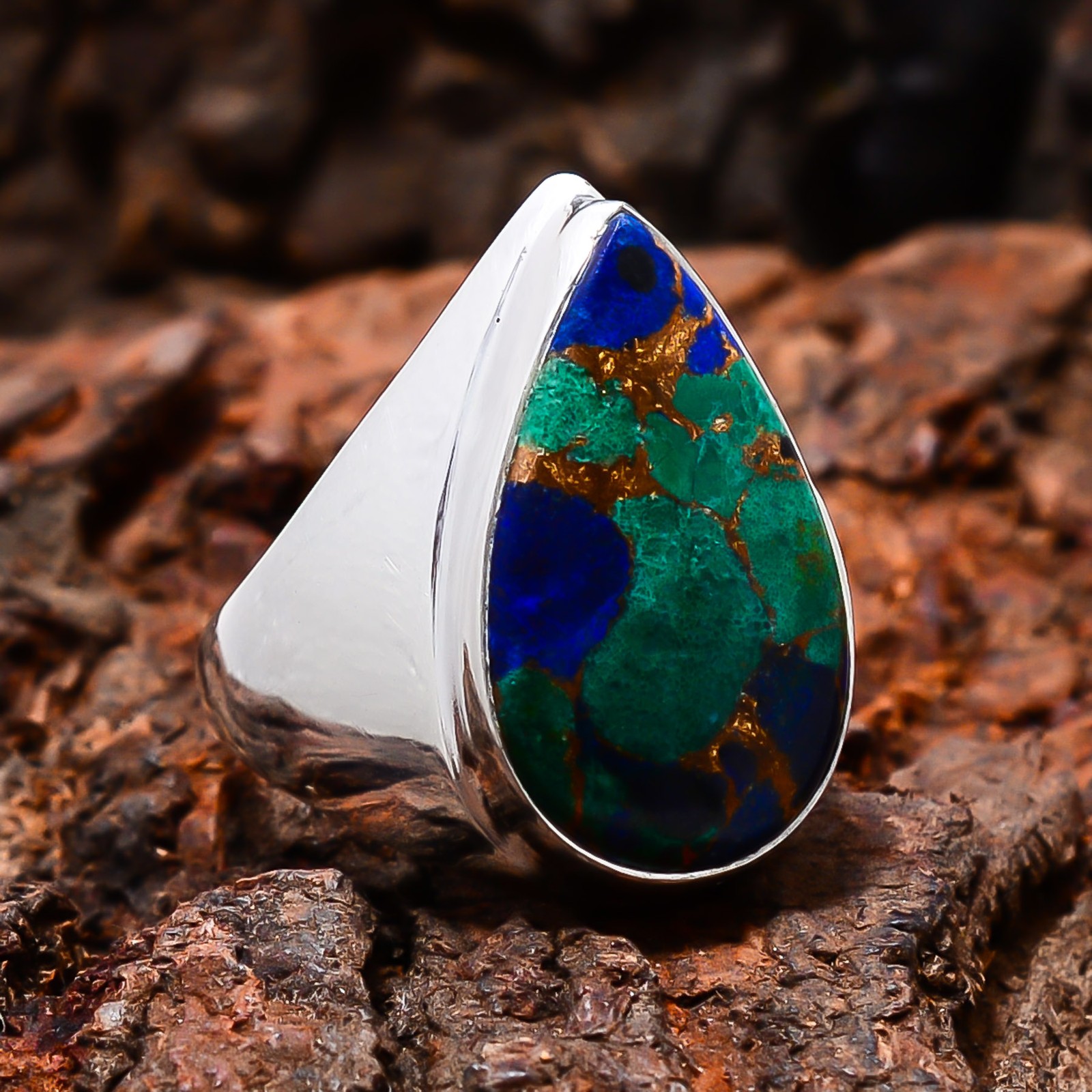 Copper Azurite Chrysocolla Designer Handmade 925 Sterling Silver Ring S.9 R26213