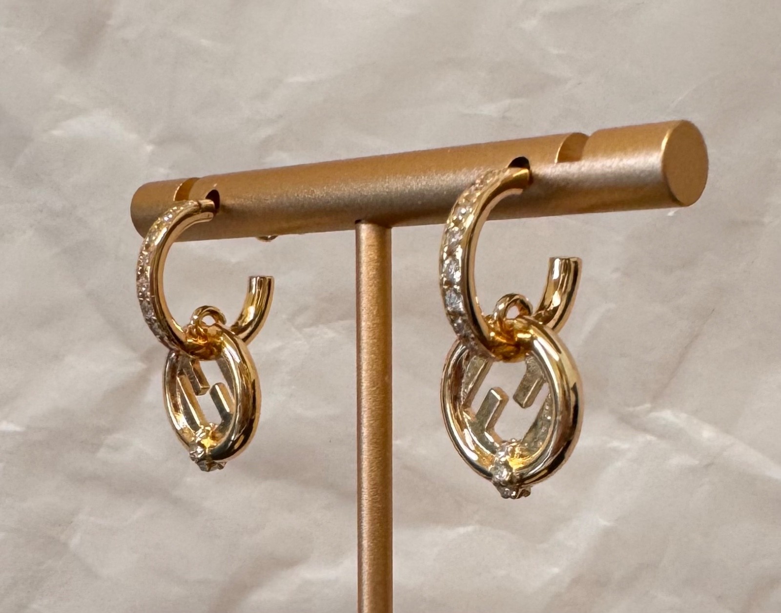 Fendi Gold Tone FF Logo Crystal Hoop Earrings Small Drop # 548
