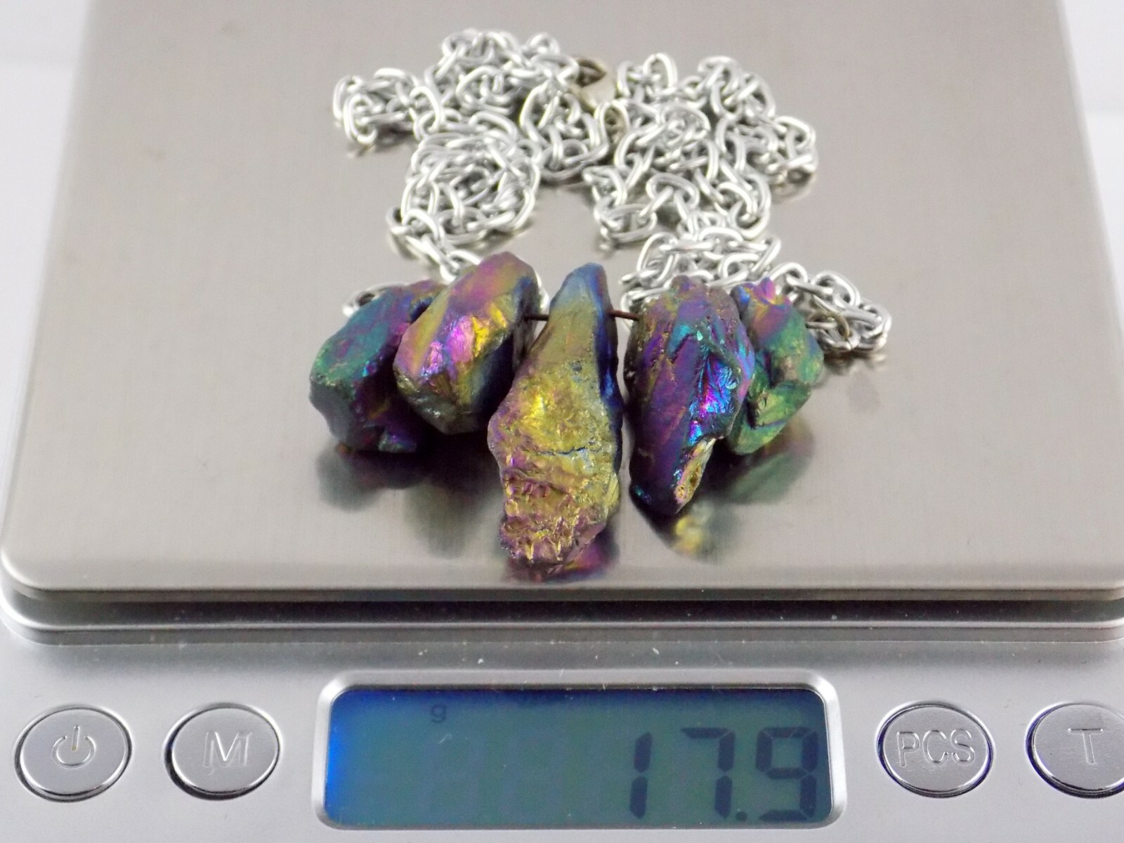 Silver Toned Metal Rainbow Aura Quartz Pendant Necklace No Marks 23.5 Inches