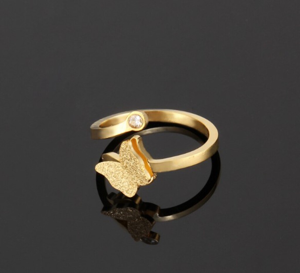 Women / Girl Gold Plated CZ Butterfly Adjust Titanium Stainless Steel Open Ring