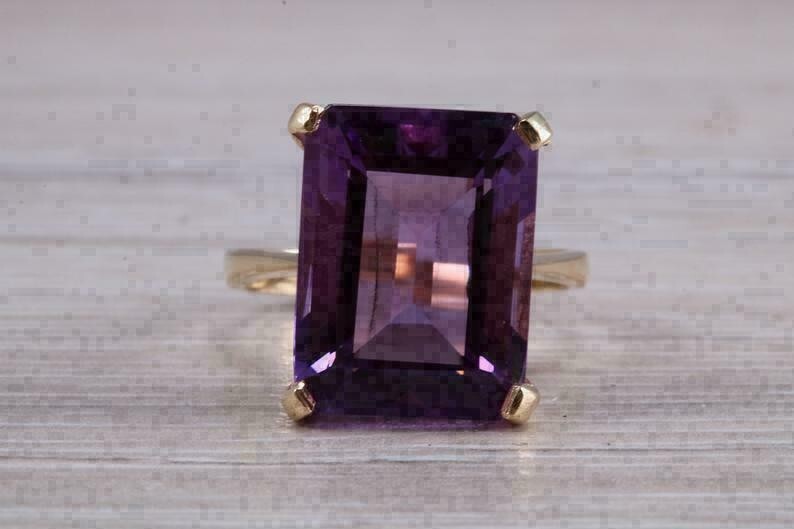 4Ct Emerald Cut Simulated Purple Amethyst Engagement Ring 14K Yellow Gold Plated
