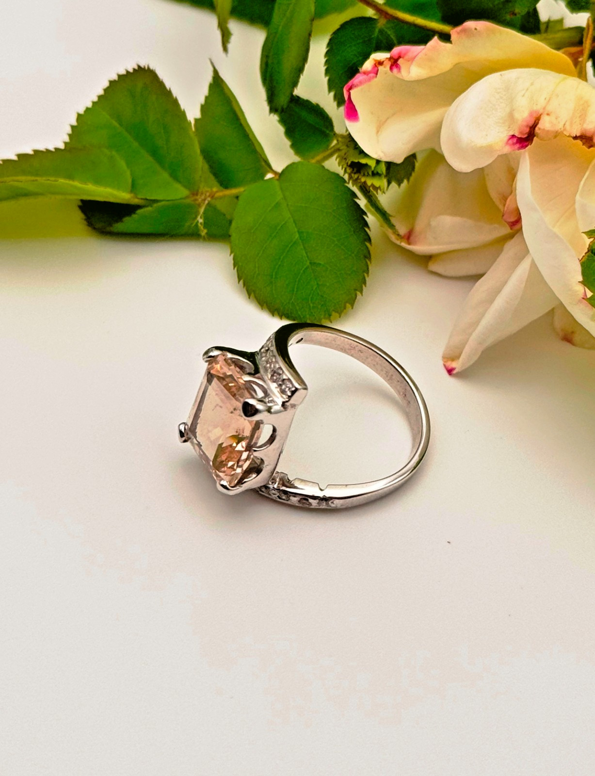 Emerald cut topaz paired with sparkling zircon, set in handcrafted 925